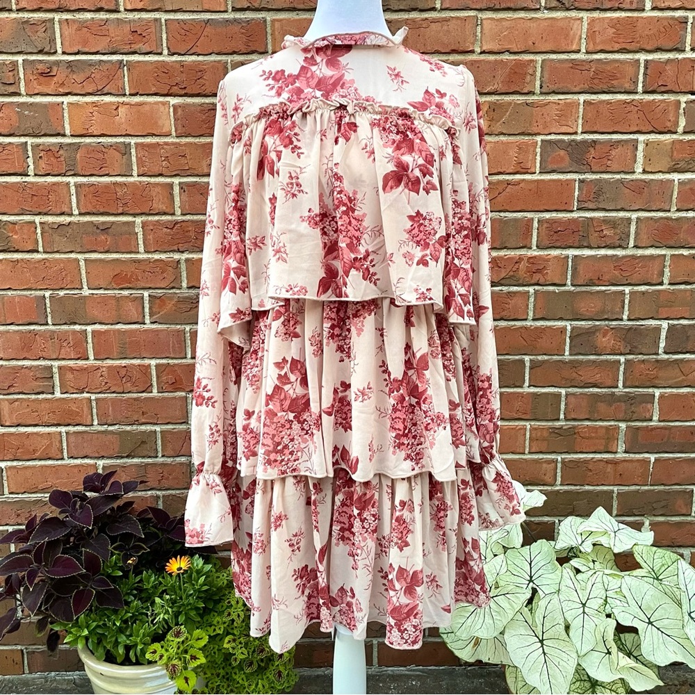 Floral Tiered Ruffle Dress Cream and Pink All Over Print Long Sleeve Women’s 8